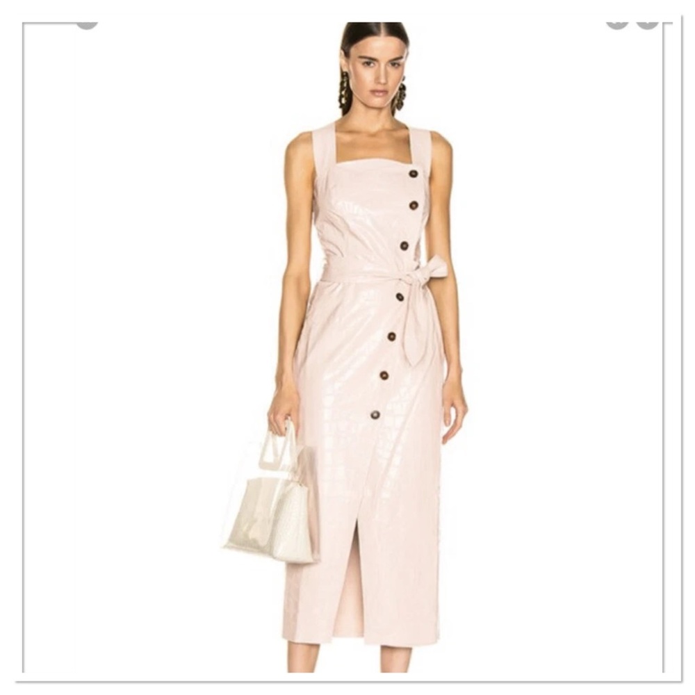 Nanushka Zora Blush Vegan Leather Button Tie-Waist Croc Embossed Dress XS